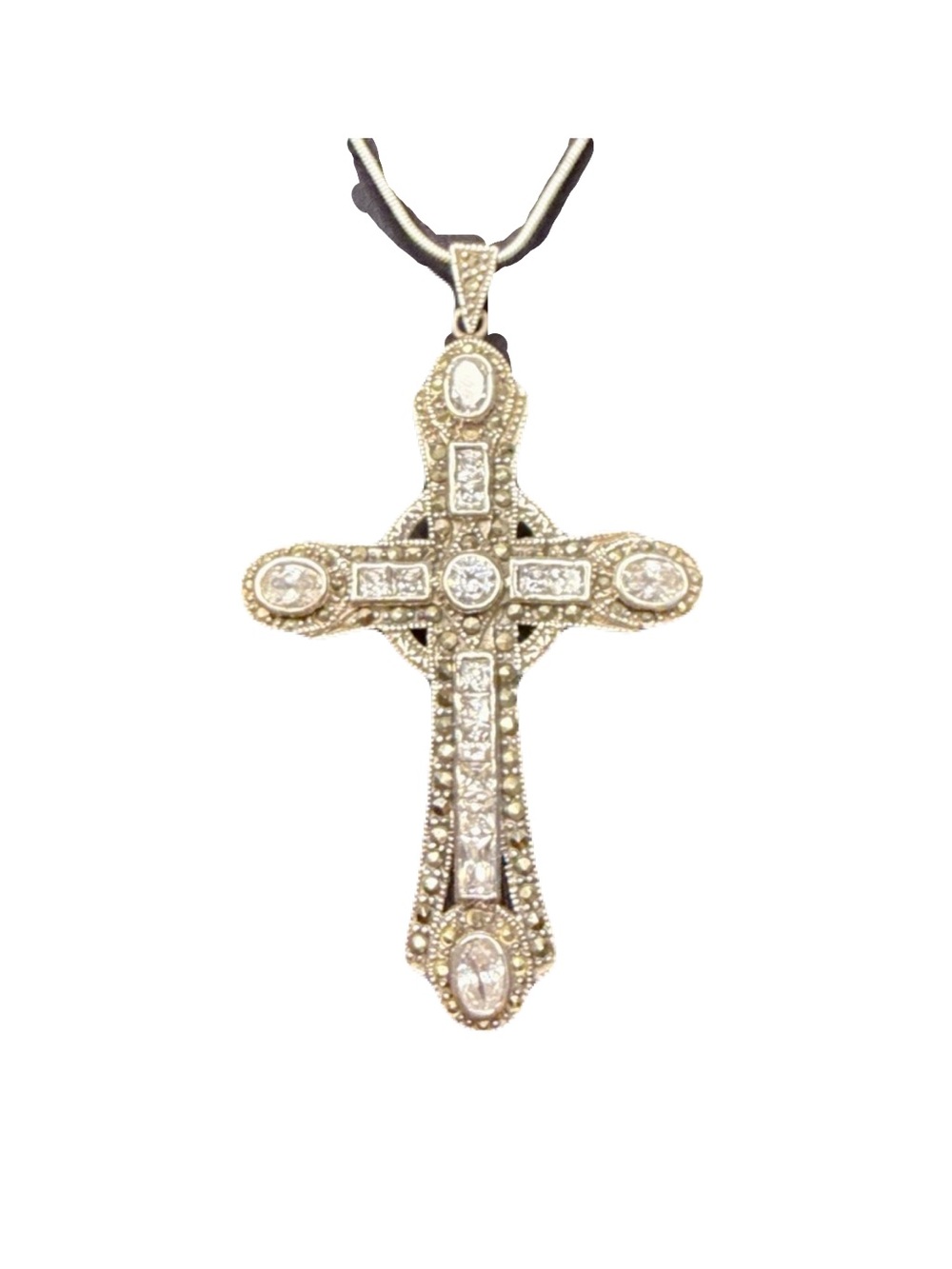 Vintage 925 Sterling Silver Statement Pendant Necklace Gothic Cross Marcasite